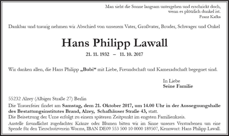  Traueranzeige für Hans Philipp Lawall vom 14.10.2017 aus Trauerportal Rhein Main Presse