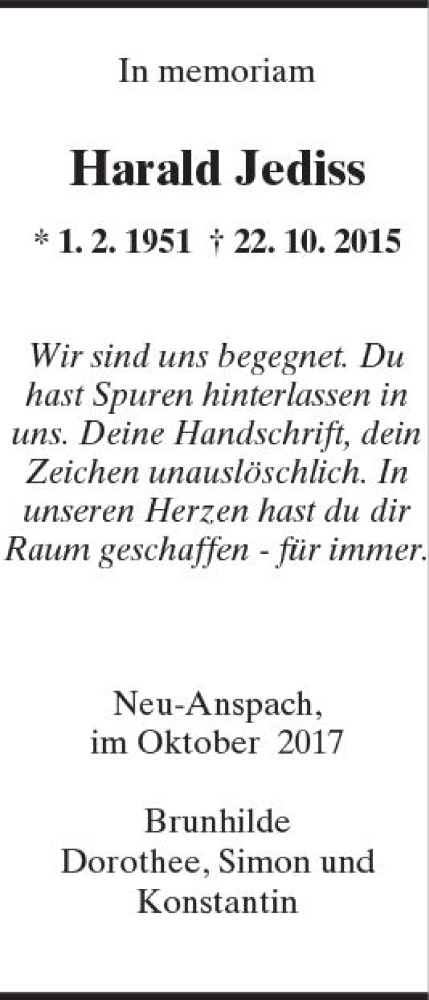  Traueranzeige für Harald Jediss vom 21.10.2017 aus  Usinger Anzeiger