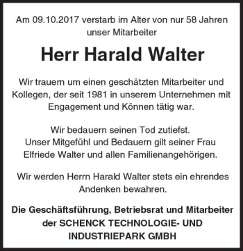 Traueranzeige von Harald Walter von Trauerportal Echo Online