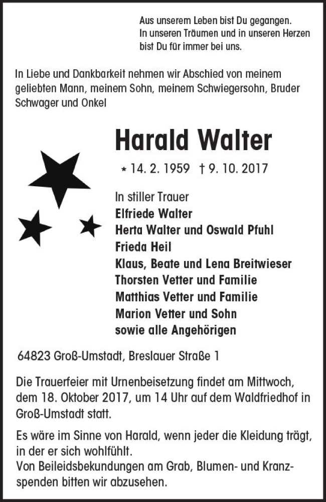  Traueranzeige für Harald Walter vom 14.10.2017 aus Trauerportal Echo Online