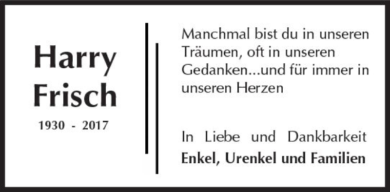  Traueranzeige für Harry Frisch vom 21.10.2017 aus Trauerportal Echo Online