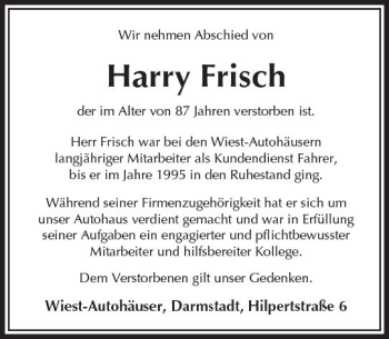 Traueranzeige von Harry Frisch von Trauerportal Echo Online