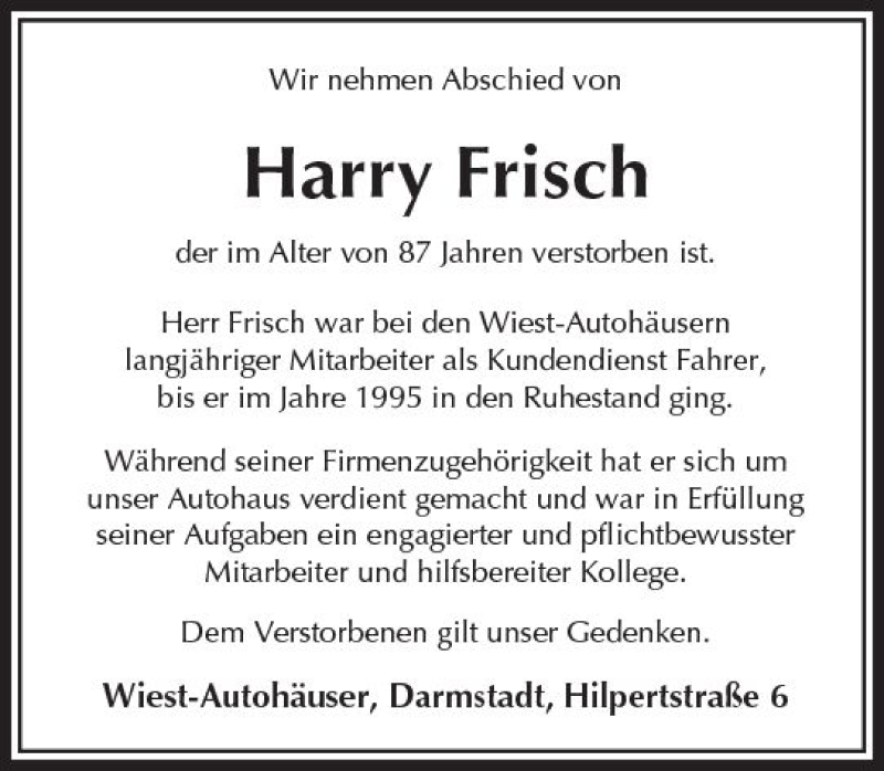 Traueranzeige für Harry Frisch vom 25.10.2017 aus Trauerportal Echo Online