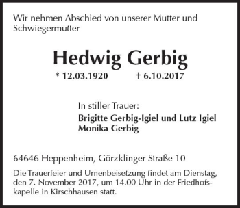 Traueranzeige von Hedwig Gerbig von Trauerportal Echo Online