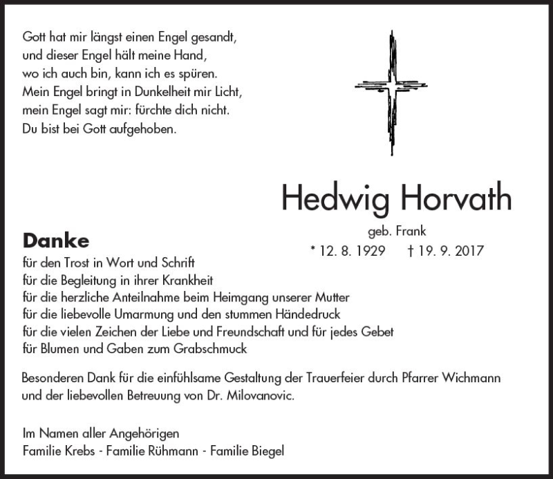  Traueranzeige für Hedwig Horvath vom 19.10.2017 aus  Camberger Anzeiger
