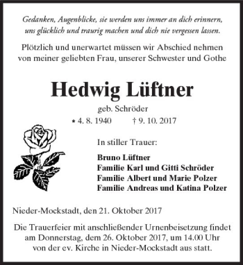 Traueranzeige von Hedwig Lüftner von  Kreisanzeiger