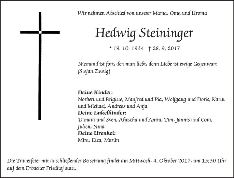  Traueranzeige für Hedwig Steininger vom 02.10.2017 aus Trauerportal Echo Online