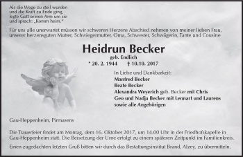 Traueranzeige von Heidrun Becker von Trauerportal Rhein Main Presse
