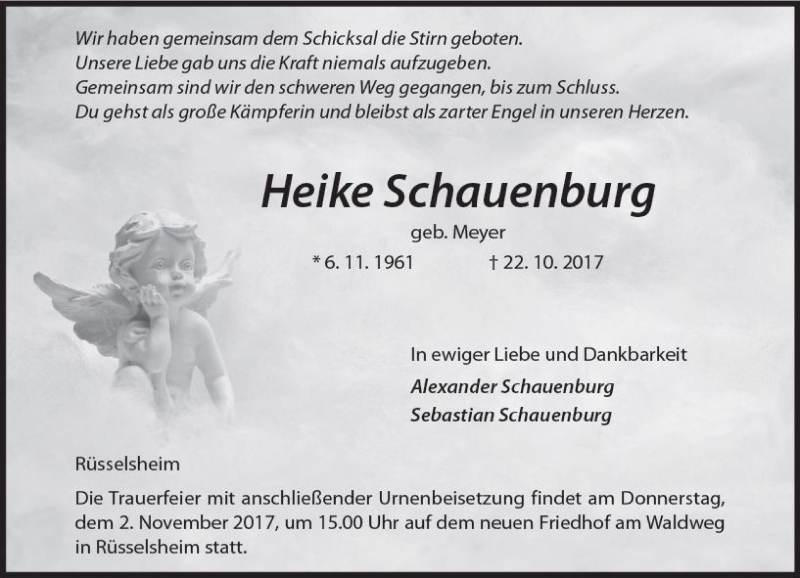  Traueranzeige für Heike Schauenburg vom 28.10.2017 aus Trauerportal Rhein Main Presse