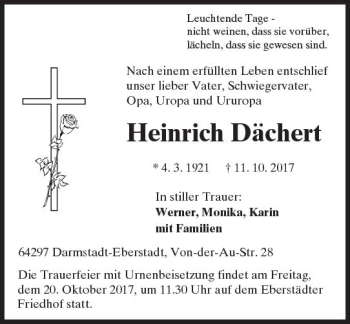 Traueranzeige von Heinrich Dächert von Trauerportal Echo Online