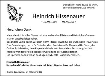 Traueranzeige von Heinrich Hissenauer von Trauerportal Rhein Main Presse