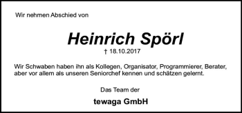 Traueranzeige von Heinrich Spörl von Trauerportal Echo Online