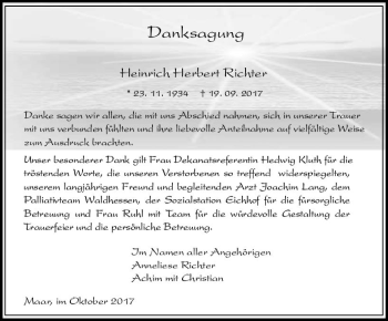 Traueranzeige von Heinrich Herbert Richter von VRM Trauer