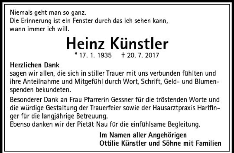  Traueranzeige für Heinz Künstler vom 14.10.2017 aus VRM Trauer