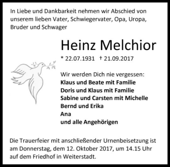 Traueranzeige von Heinz Melchior von Trauerportal Echo Online