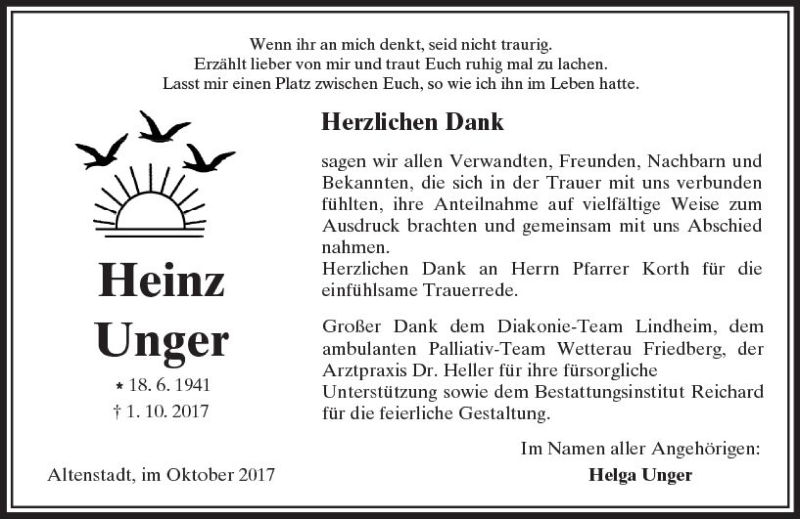  Traueranzeige für Heinz Unger vom 28.10.2017 aus  Kreisanzeiger