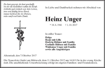 Traueranzeige von Heinz Unger von  Kreisanzeiger