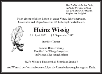 Traueranzeige von Heinz Wissig von  Usinger Anzeiger