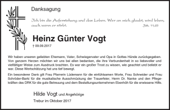 Traueranzeige von Heinz Günter Vogt von Trauerportal Echo Online