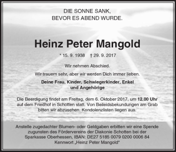 Traueranzeige von Heinz Peter Mangold von  Kreisanzeiger