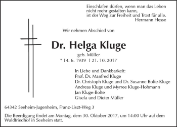 Traueranzeige von Helga Kluge von Trauerportal Echo Online