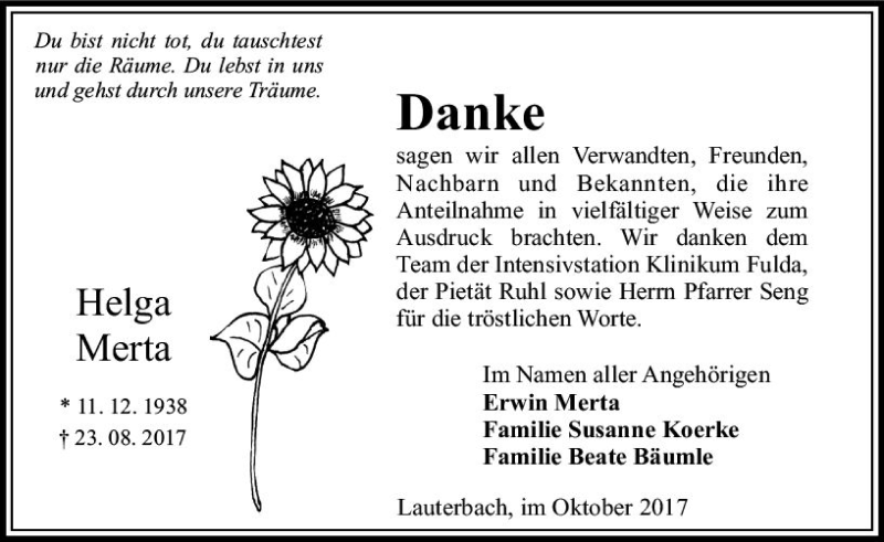  Traueranzeige für Helga Merta vom 07.10.2017 aus VRM Trauer