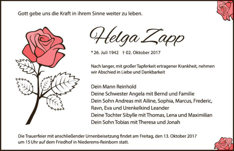  Traueranzeige für Helga Zapp vom 11.10.2017 aus Trauerportal Rhein Main Presse