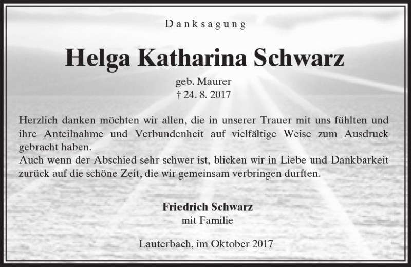 Traueranzeige für Helga Katharina Schwarz vom 07.10.2017 aus VRM Trauer