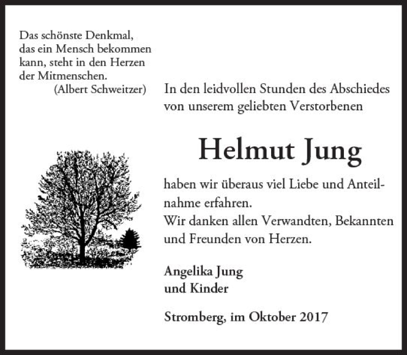  Traueranzeige für Helmut Jung vom 07.10.2017 aus Trauerportal Rhein Main Presse