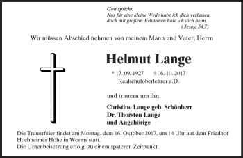 Traueranzeige von Helmut Lange von Trauerportal Rhein Main Presse