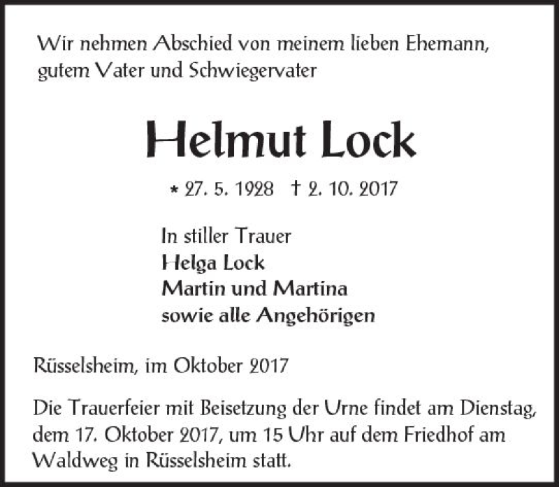  Traueranzeige für Helmut Lock vom 14.10.2017 aus Trauerportal Rhein Main Presse