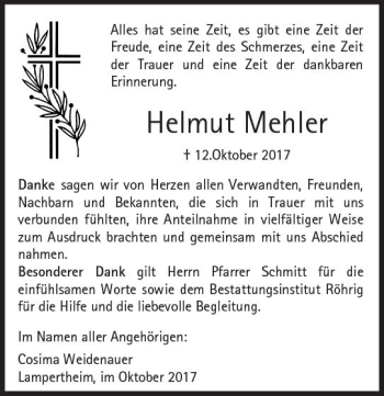 Traueranzeige von Helmut Mehler von Trauerportal Echo Online