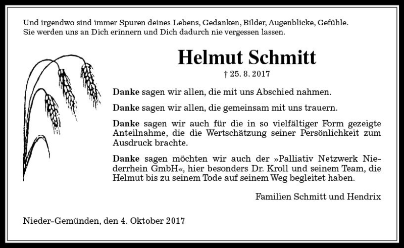  Traueranzeige für Helmut Schmitt vom 04.10.2017 aus VRM Trauer