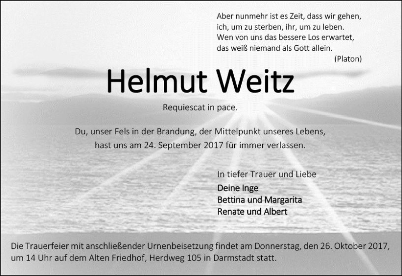  Traueranzeige für Helmut Weitz vom 07.10.2017 aus Trauerportal Echo Online