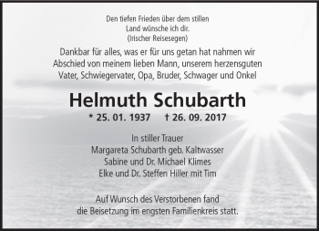 Traueranzeige von Helmuth Schubarth von Trauerportal Echo Online