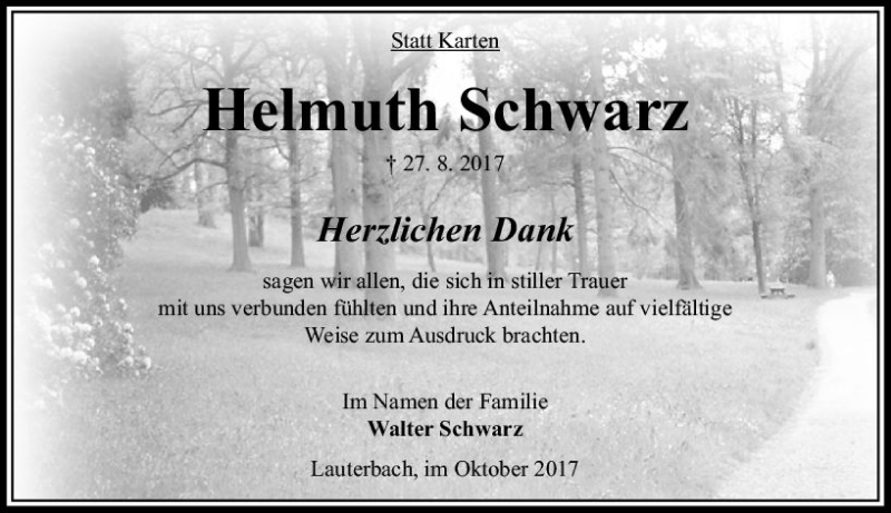  Traueranzeige für Helmuth Schwarz vom 28.10.2017 aus VRM Trauer