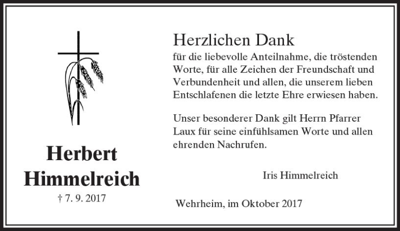  Traueranzeige für Herbert Himmelreich vom 07.10.2017 aus  Usinger Anzeiger
