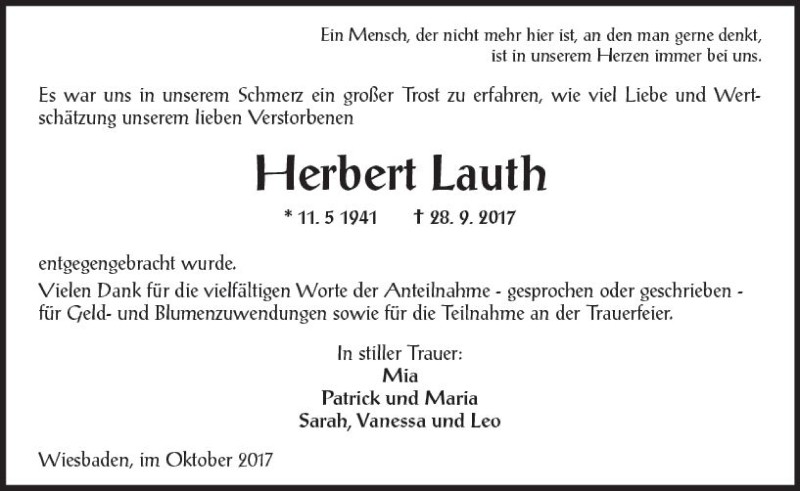  Traueranzeige für Herbert Lauth vom 28.10.2017 aus Trauerportal Rhein Main Presse