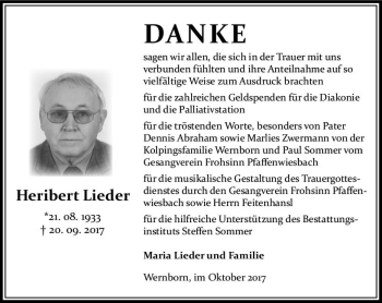 Traueranzeige von Heribert Lieder von  Usinger Anzeiger