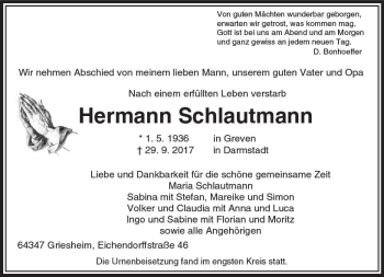 Traueranzeige von Hermann Schlautmann von Trauerportal Echo Online