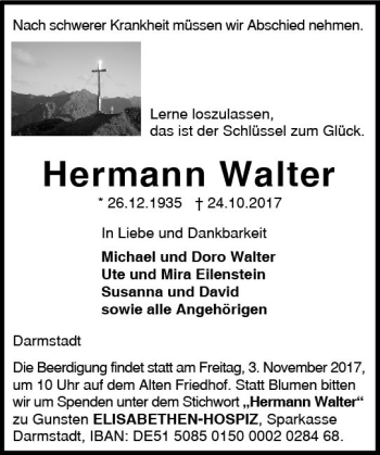 Traueranzeige von Hermann Walter von Trauerportal Echo Online