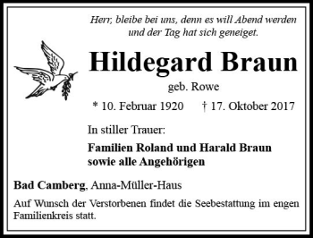 Traueranzeige von Hildegard Braun von  Camberger Anzeiger