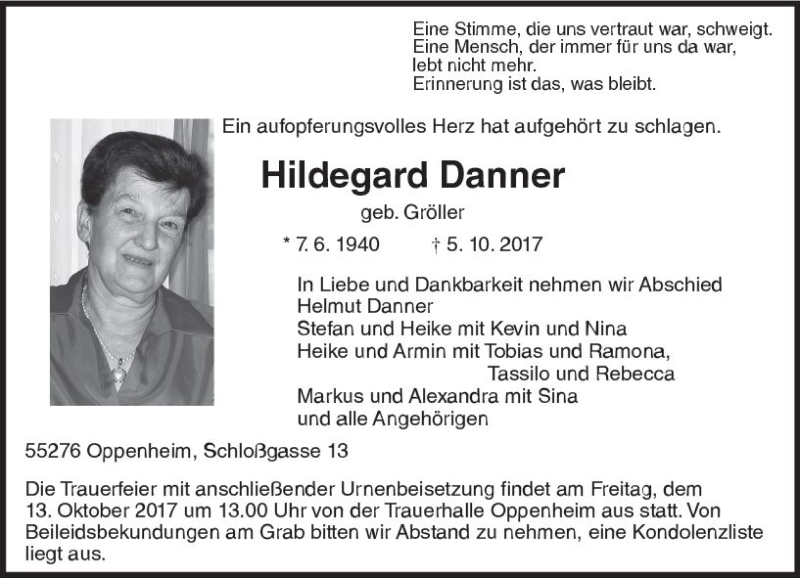  Traueranzeige für Hildegard Danner vom 11.10.2017 aus Trauerportal Rhein Main Presse
