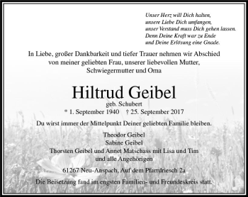 Traueranzeige von Hiltrud Geibel von  Usinger Anzeiger