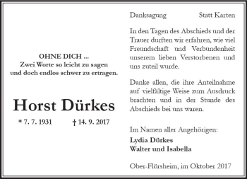 Traueranzeige von Horst Dürkes von Trauerportal Rhein Main Presse