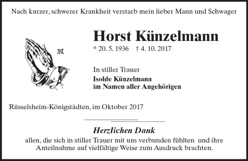  Traueranzeige für Horst Künzelmann vom 21.10.2017 aus Trauerportal Echo Online