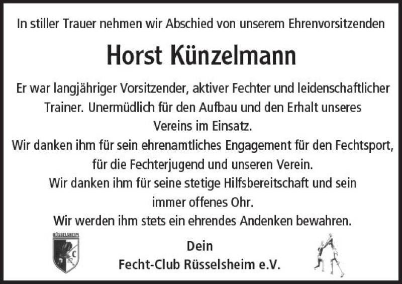  Traueranzeige für Horst Künzelmann vom 07.10.2017 aus Trauerportal Rhein Main Presse