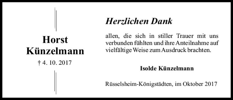  Traueranzeige für Horst Künzelmann vom 21.10.2017 aus Trauerportal Rhein Main Presse