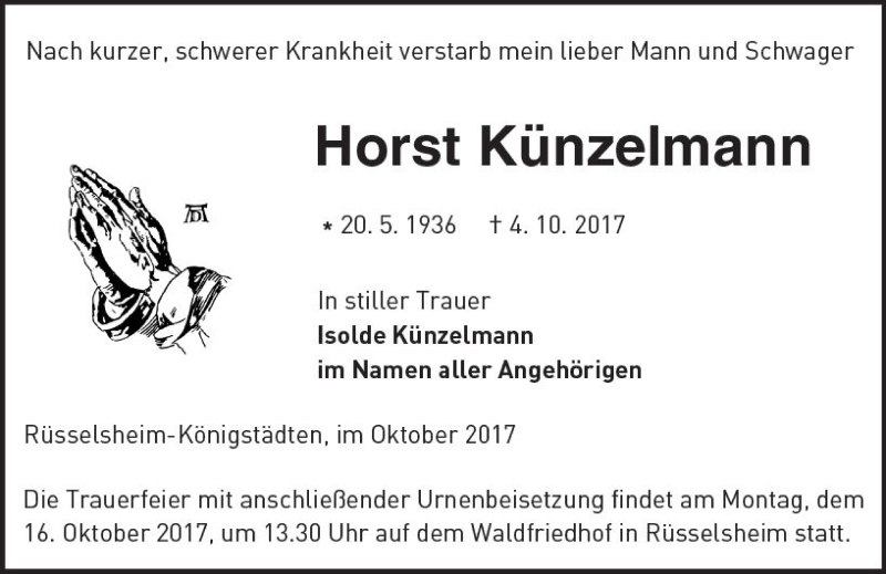  Traueranzeige für Horst Künzelmann vom 07.10.2017 aus Trauerportal Rhein Main Presse