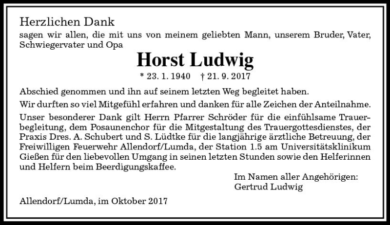  Traueranzeige für Horst Ludwig vom 28.10.2017 aus  Gießener Anzeiger